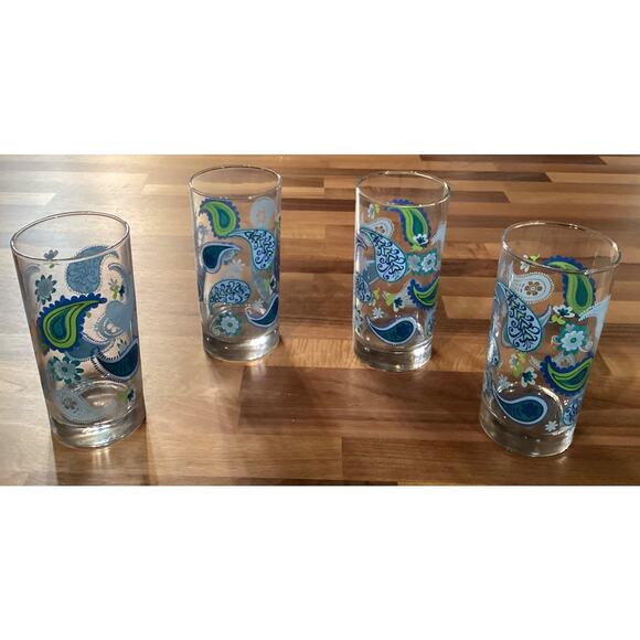 CRISA Libbey Blue Green Paisley Drinking Glass Tumblers 6” Tall Set Of 4 - Picture 4 of 10